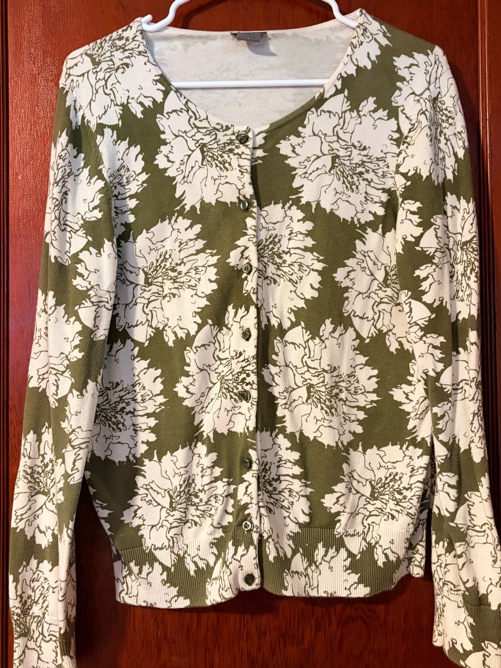 Ann Taylor Olive Green and White Floral Button-Up Women's Cardigan